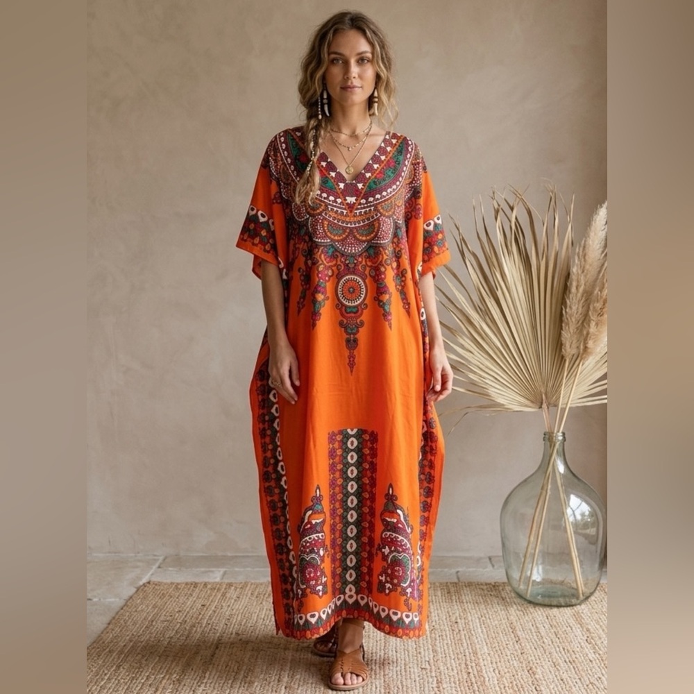 NWT EY Signature Orange & Green Printed Kaftan With Gold Embellished One Size